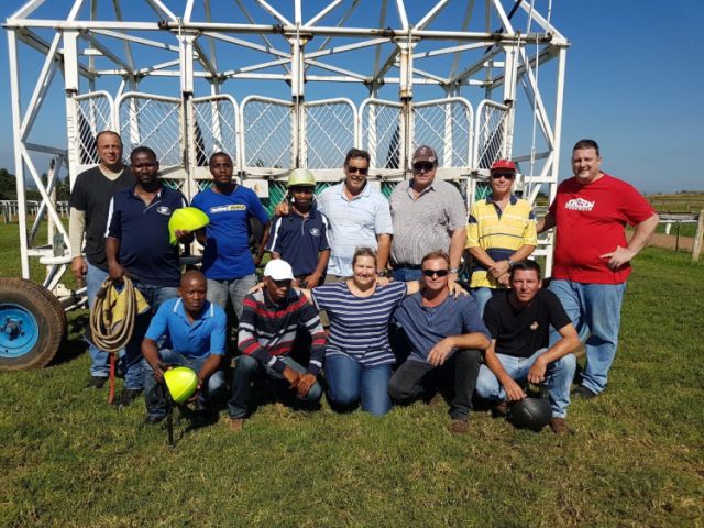 Malan du Toit with starting stalls team and stipes, KZN.